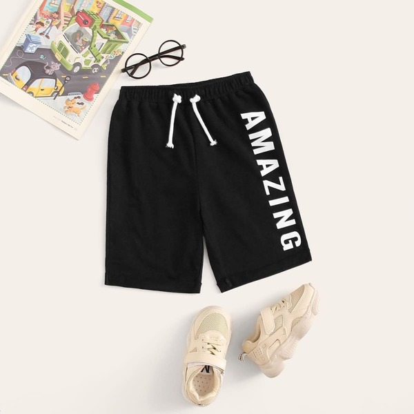

Boys Drawstring Waist Letter Print Shorts, Black