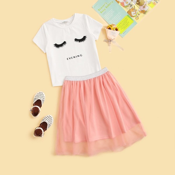 

Girls Graphic Print Top & Mesh Skirt Set
