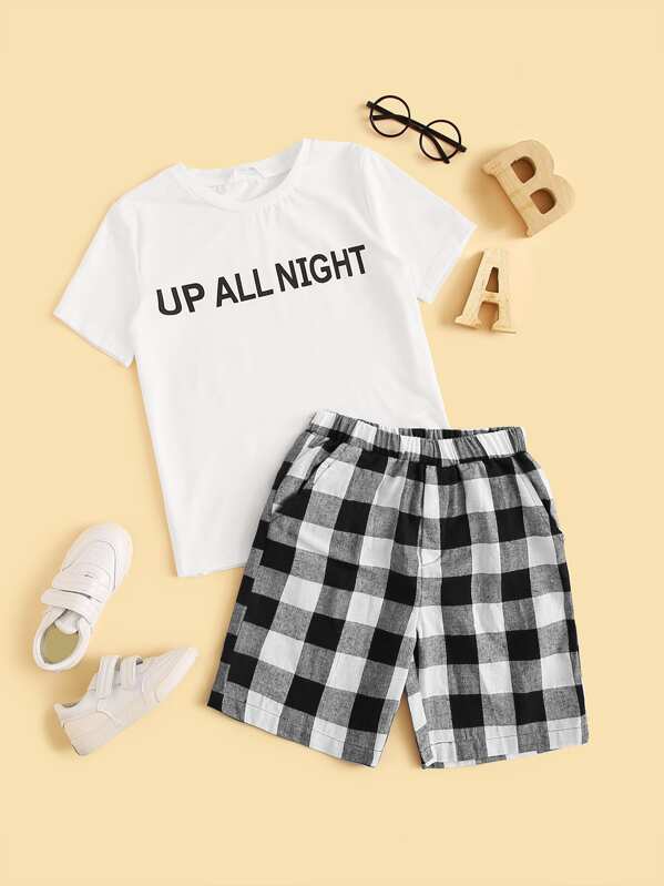 

Boys Slogan Print Tee & Buffalo Plaid Shorts Set, Black and white