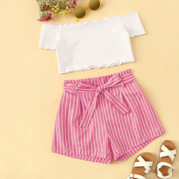 

Girls Lettuce Edge Bardot Top and Striped Shorts Set