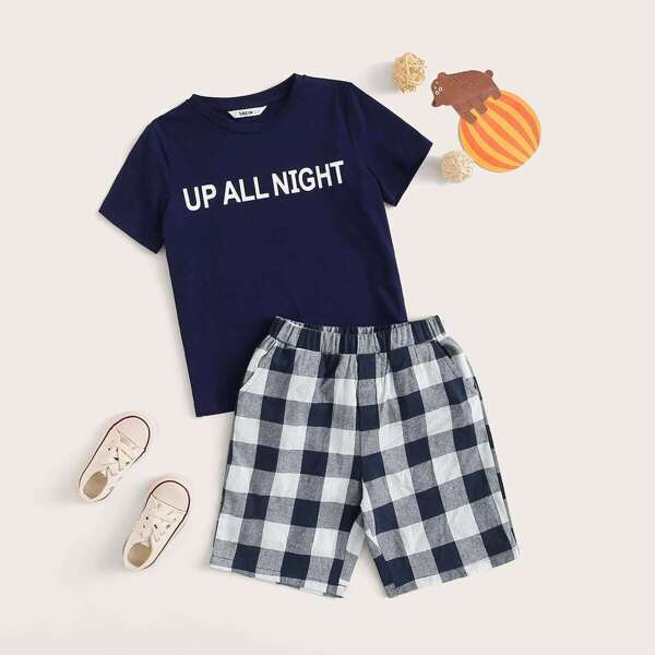 

Boys Slogan Print Tee and Gingham Shorts Set