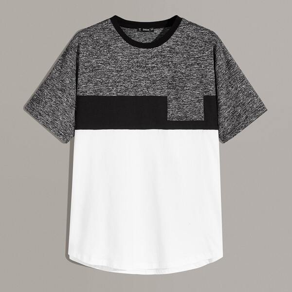 

Men Pocket Patched Cut-and-Sew Marled Panel Top