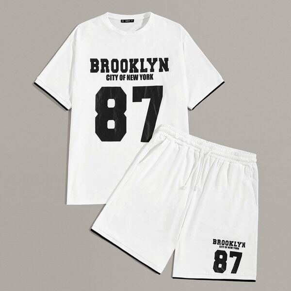 

Men Number & Slogan Print Tee & Track Shorts Set, White