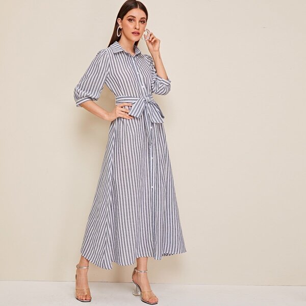

Lantern Sleeve Striped Belted Shirt Dress