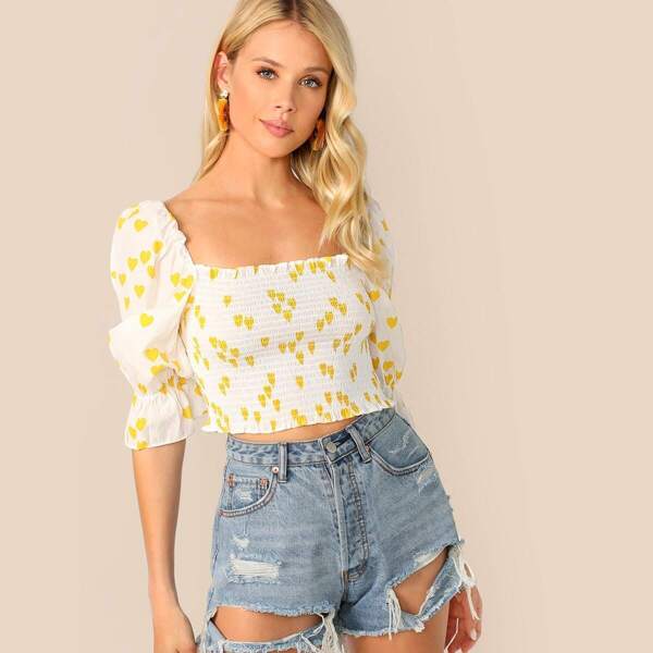

Heart Print Gathered Sleeve Shirred Crop Top, White