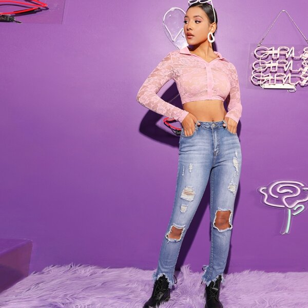 

Collared Sheer Lace Crop Shirt