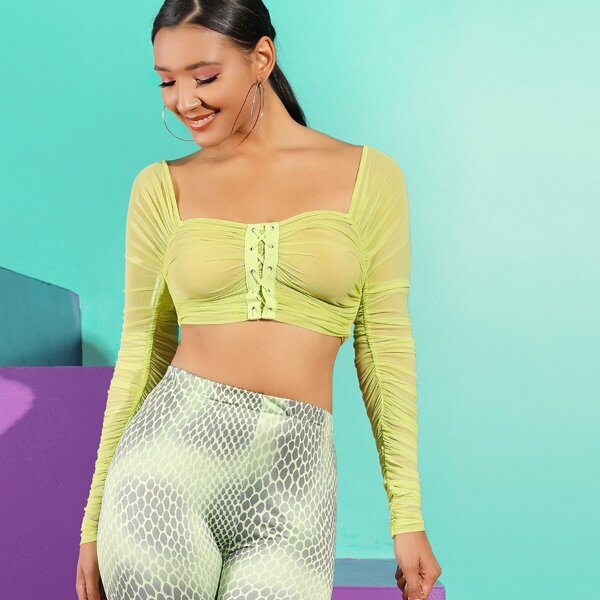 

Ruched Lace Up Front Sheer Mesh Crop Top, Green