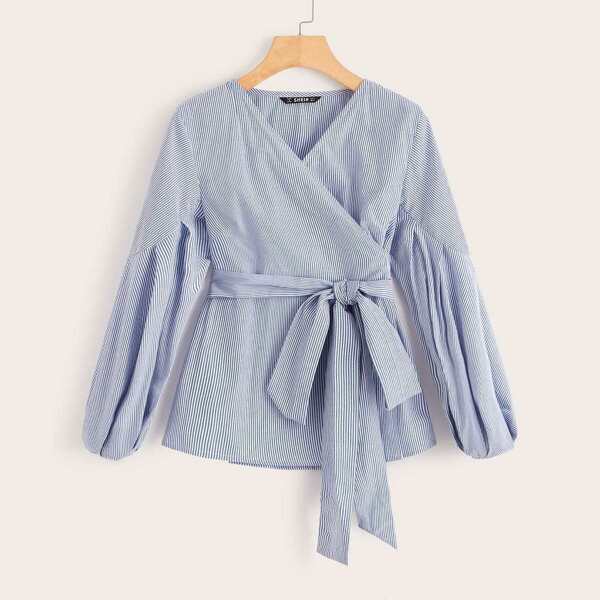 

Striped Lantern Sleeve Self Tie Wrap Top, Blue