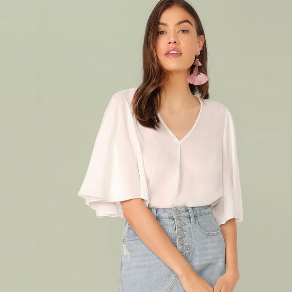 

V-neck Flutter Sleeve Solid Top, White