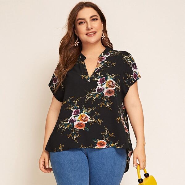 

Plus Notch Neck High-low Hem Floral Top, Black