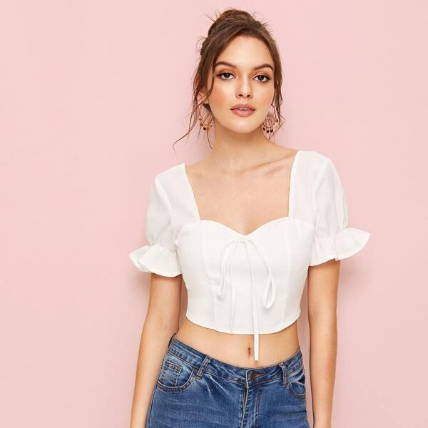 

Tie Front Flounce Sleeve Sweetheart Neck Top, White