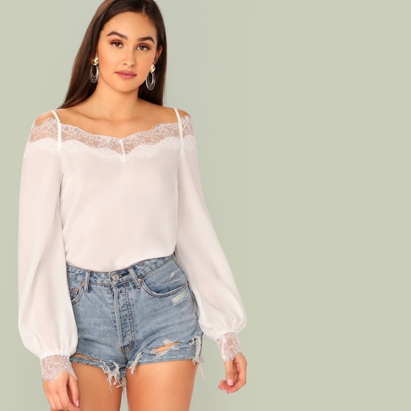 

Solid Lace Trim Cold Shoulder Top, White