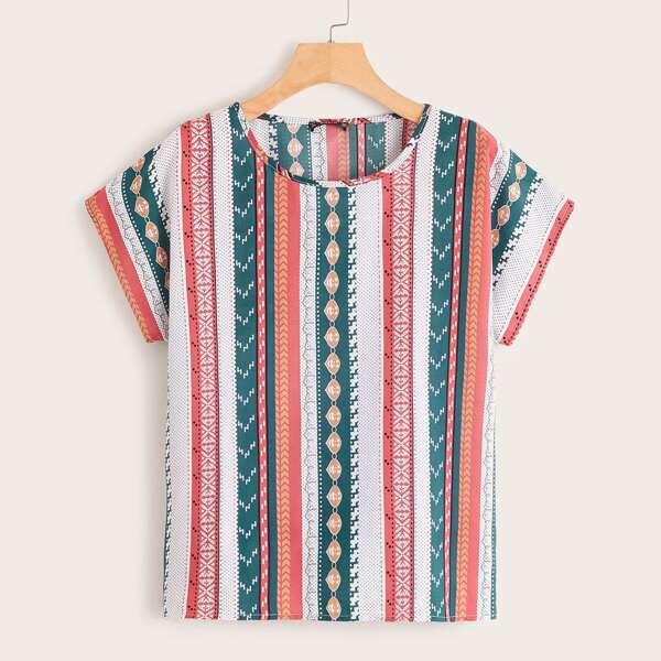 

Short Sleeve Tribal Print Top, Multicolor