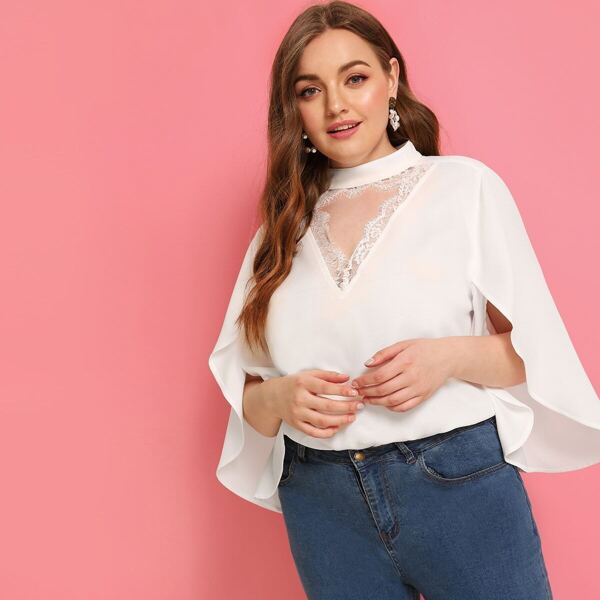 

Plus Choker Neck Lace Insert Split Sleeve Top, White