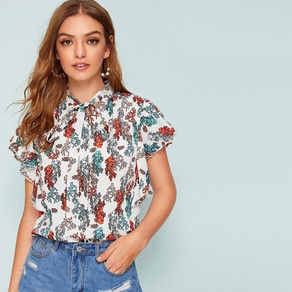 

Plants Print Tie Neck Flutter Sleeve Top