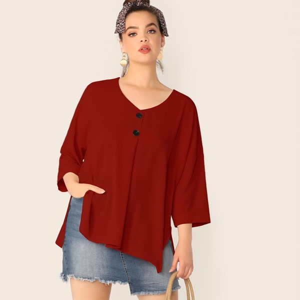 

Plus Button Front Drop Sleeve Split Side Top, Burgundy