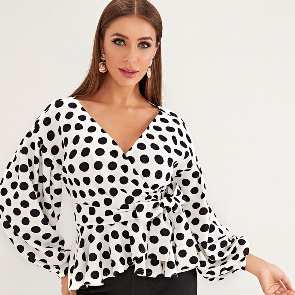 

Polka Dot Lantern Sleeve Belted Wrap Top, Black and white