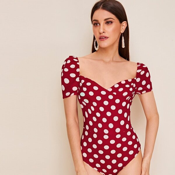 

Sweetheart Neck Puff Sleeve Polka Dot Bodysuit