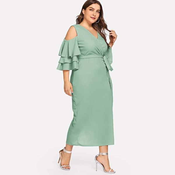 

Plus Cold Shoulder Layered Sleeve Wrap Belted Dress, Green