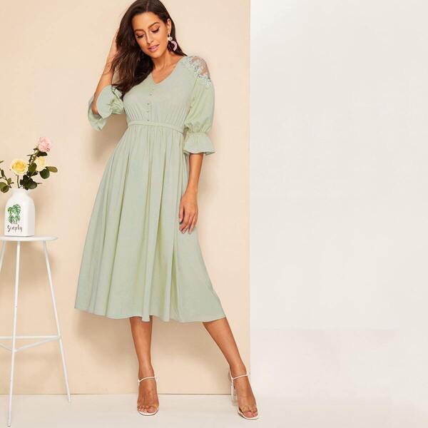 

Bell Cuff Button Front Lace Insert Dress, Green