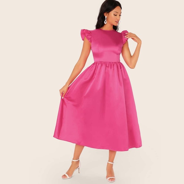 

Neon Pink Zip Back Fit and Flare Satin Dress, Pink bright