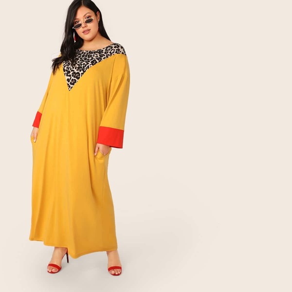 

Plus Leopard Print Slant Pocket Maxi Dress, Yellow