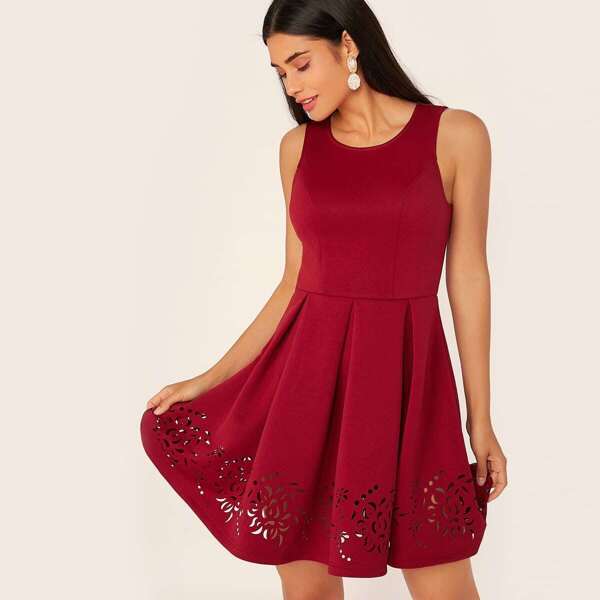 

Solid Boxy Pleated Laser Cut Hem Dress