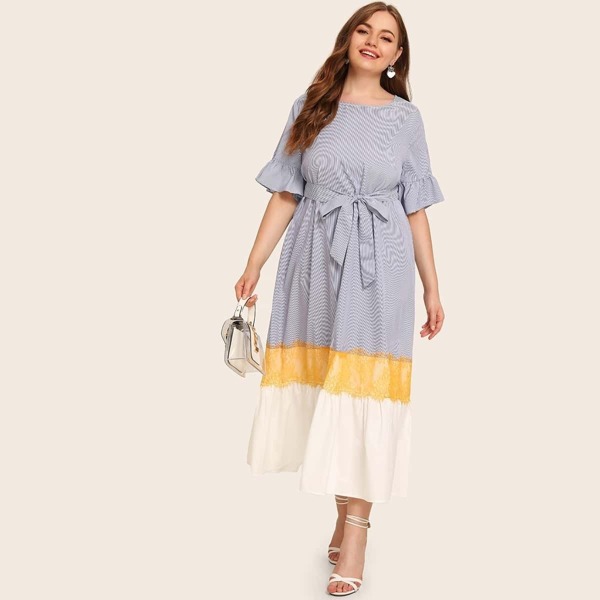 

Plus Contrast Lace Cut-and-sew Belted Dress, Multicolor