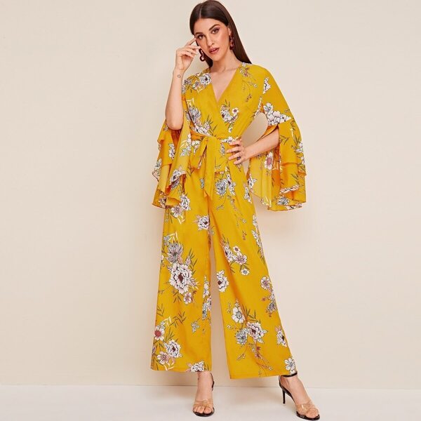

Botanical Print Layered Bell Sleeve Wide Leg Jumpsuit