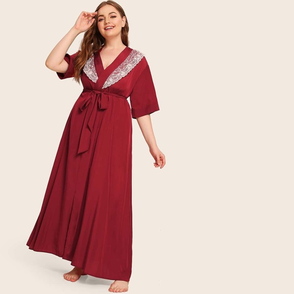 

Plus Floral Lace Trim Self Belted Robe