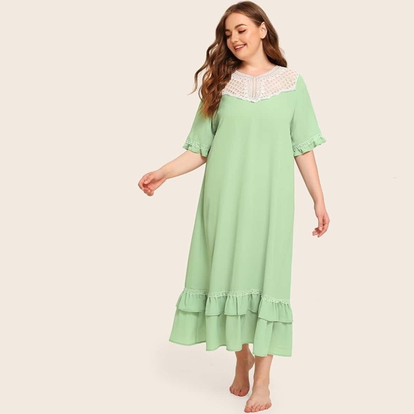 

Plus Lace Insert Layered Ruffle Hem Tunic Nightdress, Green pastel
