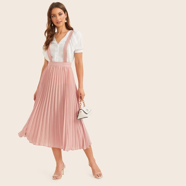 

Wide Waistband Pleated Skirt With Strap