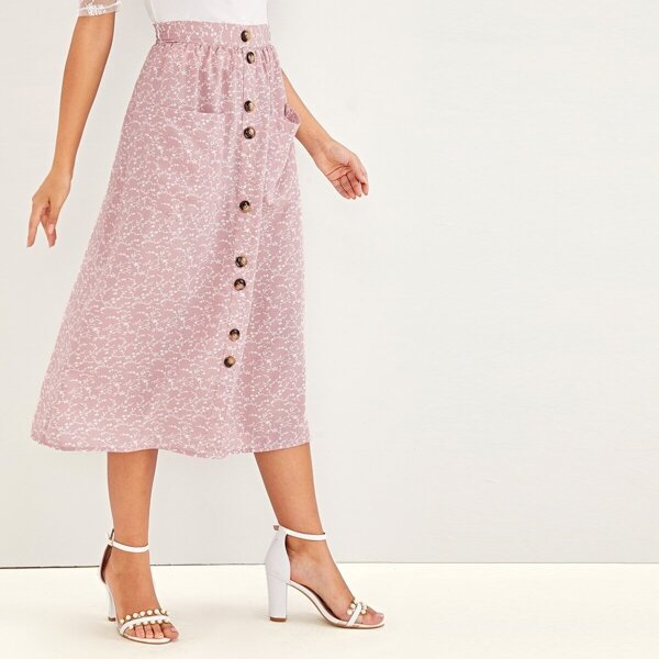 

Single Breasted Pocket Patched Allover Print Skirt, Pink pastel