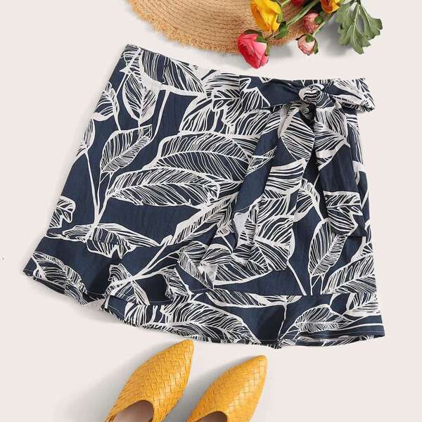 

Tropical Print Tie Side Wrap Ruffle Skirt