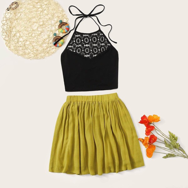 

Lace Insert Knot Halter Top & Flare Skirt Set, Multicolor