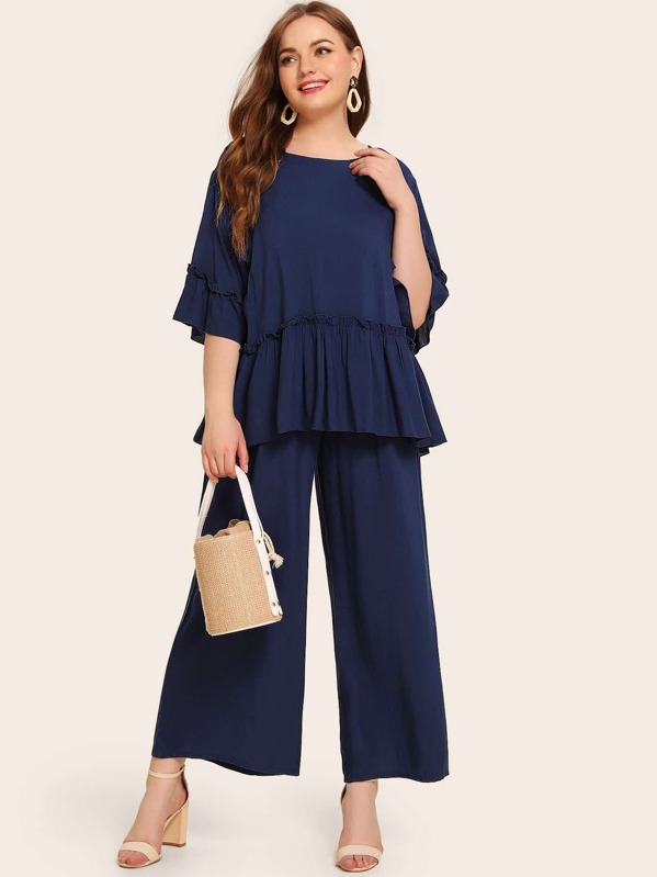 

Plus Solid Peplum Top & Wide Leg Pants Set, Navy, Olga B