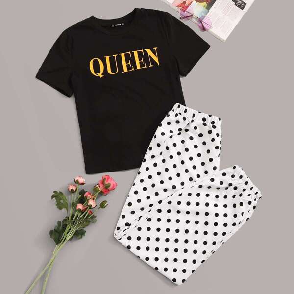 

Letter Print Top & Polka Dot Pants Set