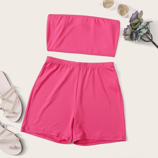 

Solid Bandeau Top and Cycling Shorts Set, Pink bright