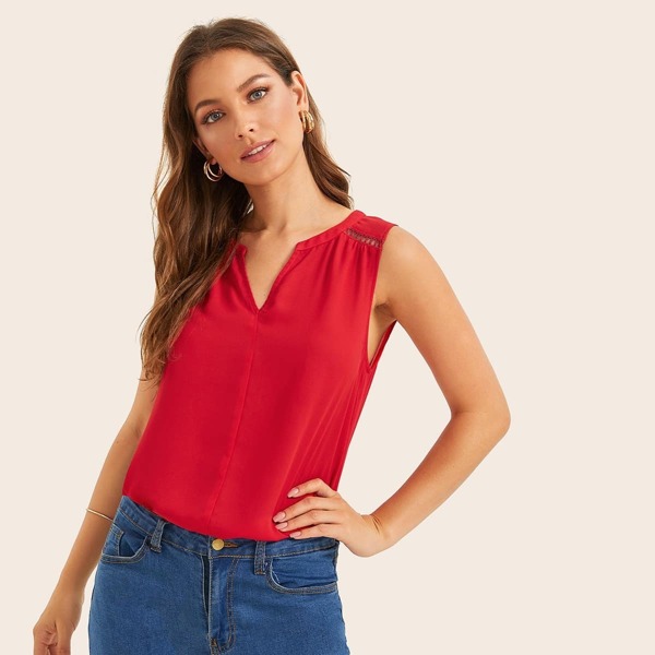 

Guipure Lace Insert Shoulder Tank Top, Red bright