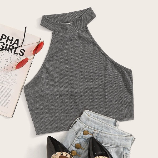 

Solid Backless Crop Halter Top, Grey