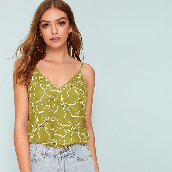 

Cartoon Print Double V Neck Cami Top