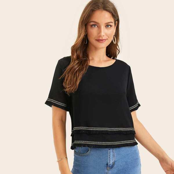 

Tape Panel Fringe Hem Blouse, Black