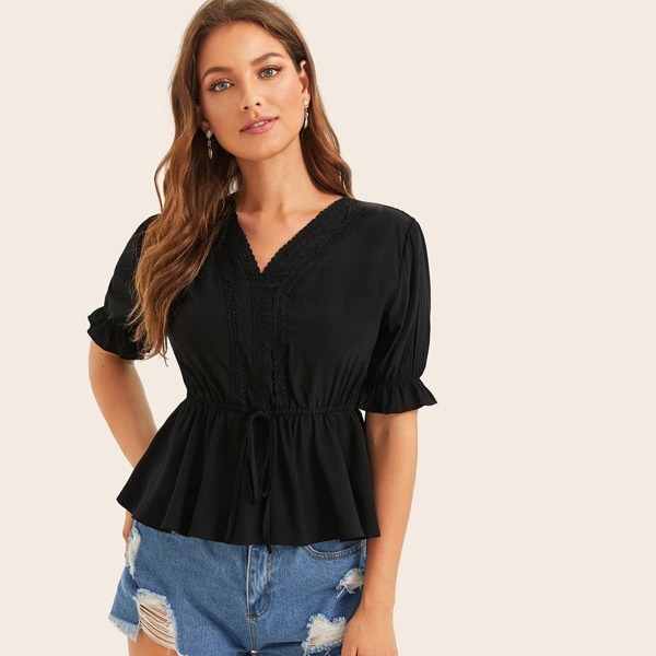 

Contrast Lace Drawstring Waist Ruffle Hem Blouse