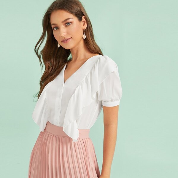 

Solid Ruffle Trim V-neck Blouse