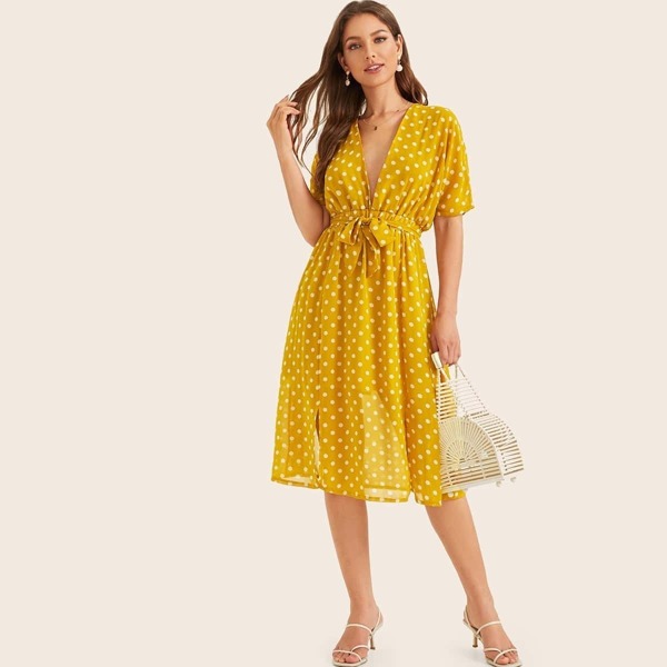 

Polka Dot Deep V-neck Self Tie Dress