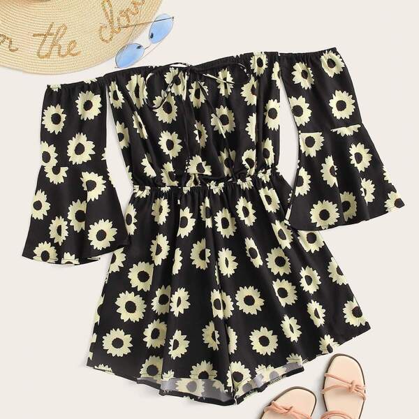 

Floral Print Tie Front Flounce Sleeve Bardot Romper