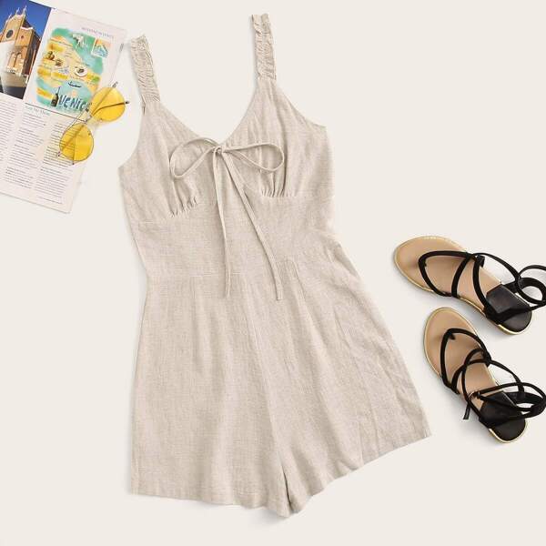 

Knot Front Lettuce Trim Linen Cami Romper