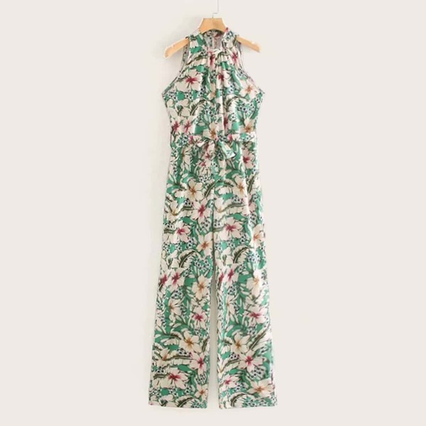 

Floral Print Self Tie Halter Jumpsuit, Multicolor