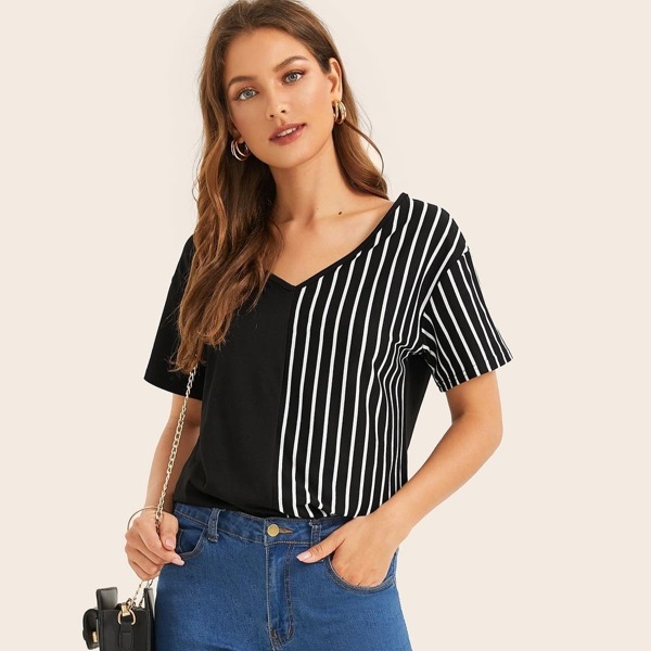 

Striped Panel V-neck Tee