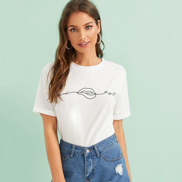 

Lip Print Roll Cuff Tee